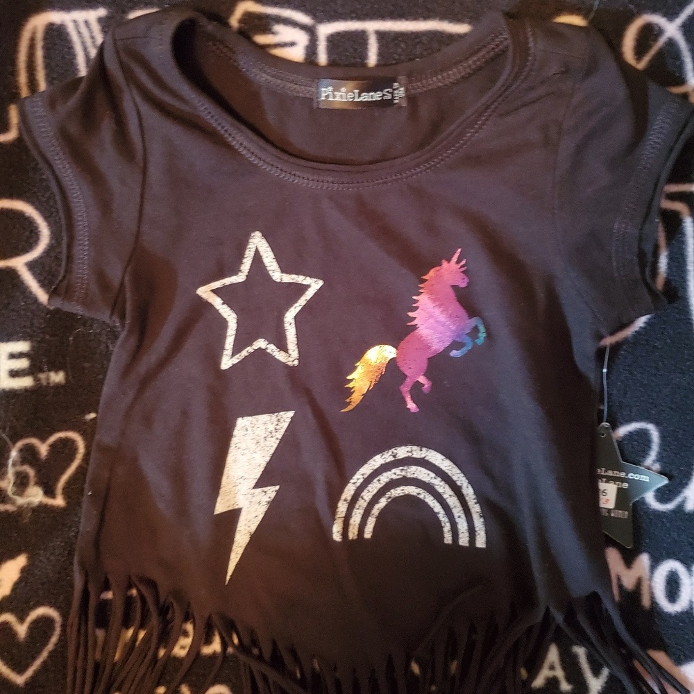Pixielane brand fringe tee with foil graphics